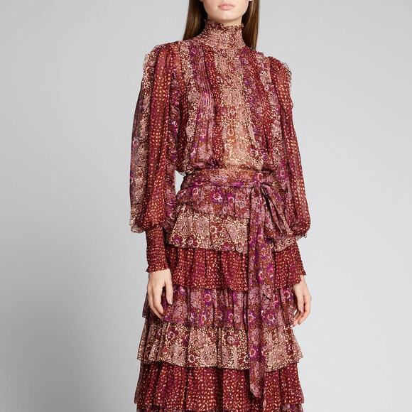 ULLA JOHNSON Elita Ruffle Long Sleeve Blouse Claret Patchwork Size 0 XS Preowned - Picture 2 of 15